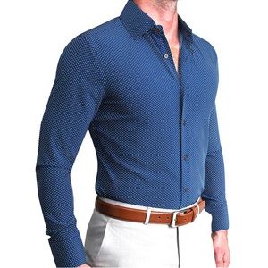 State and Liberty navy with white polka dots dress shirt